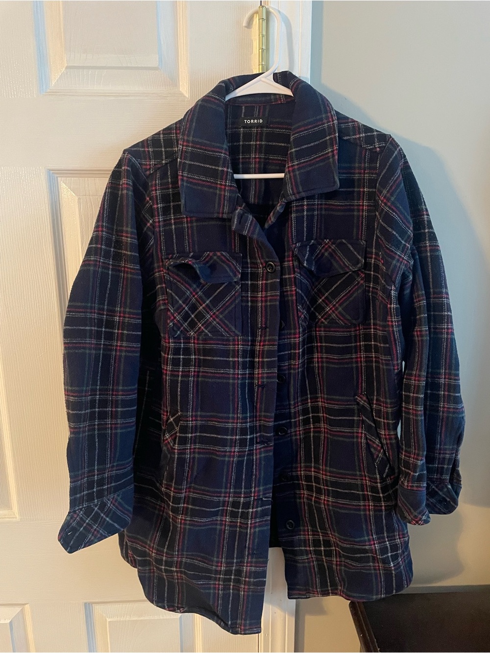 torrid Navy Plaid Utility Shacket with Red Accents